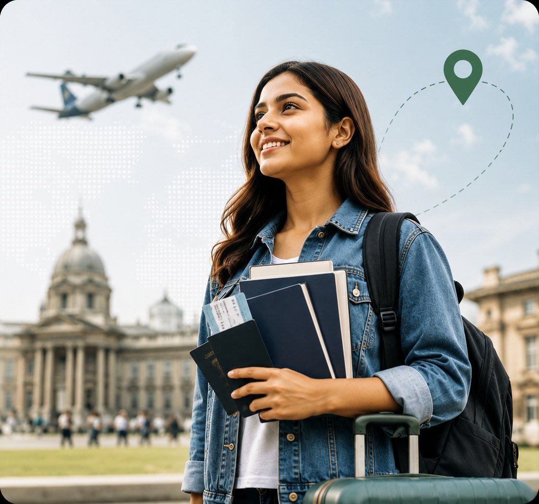 Student with passport and boarding pass heading abroad to study