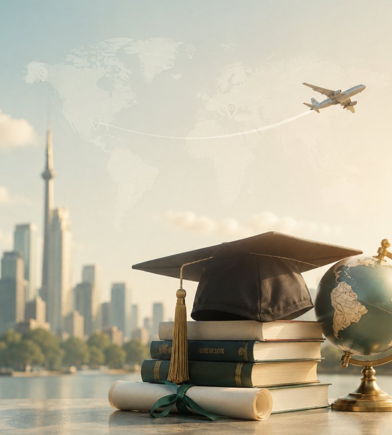 Graduation cap, books and a globe with a city skyline and departing plane